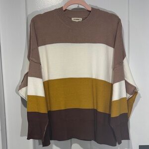 eesome Colorblock Crewneck Sweater - Tan, White, Mustard, Brown